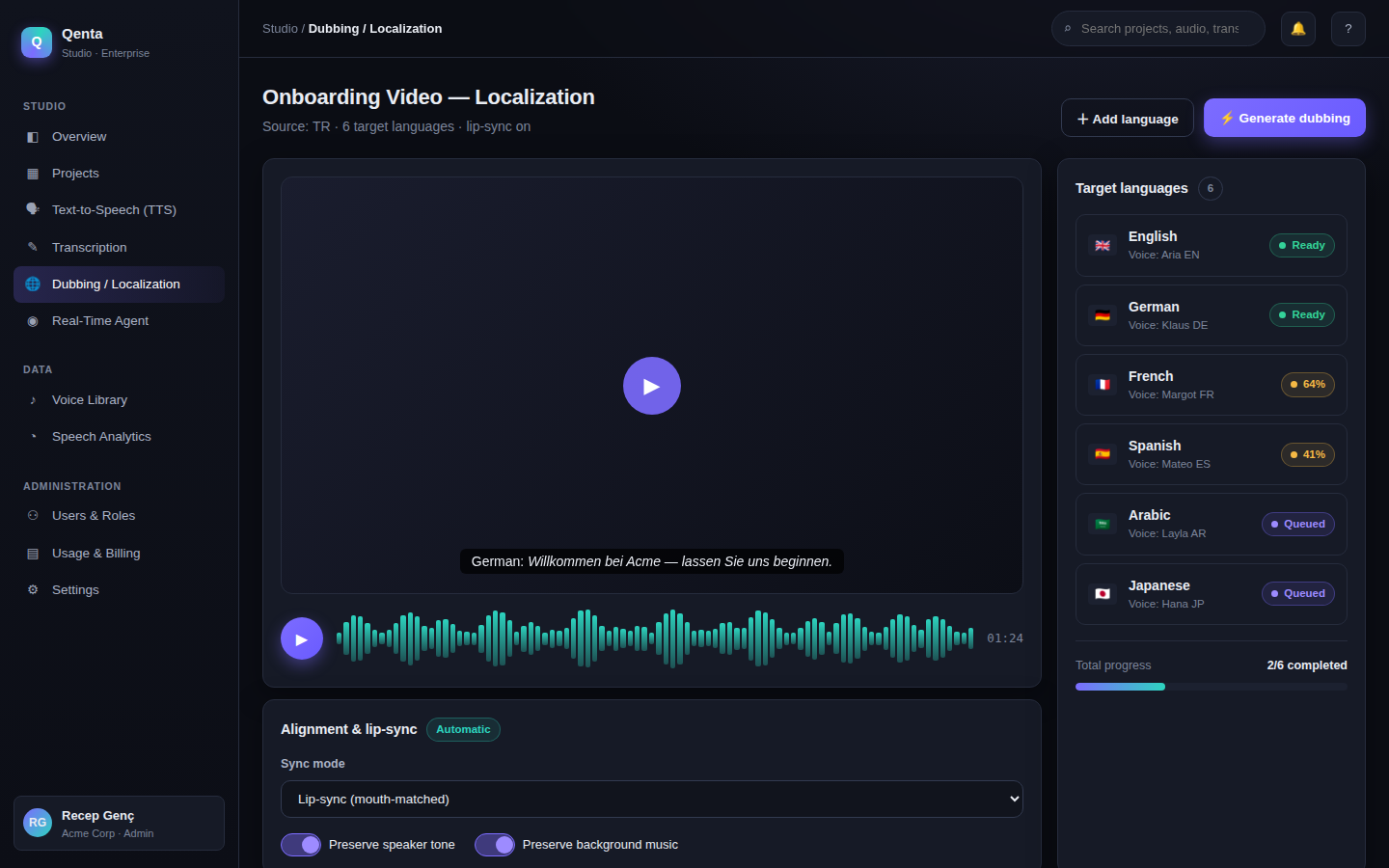 Dubbing and localization with multi-language lip-sync